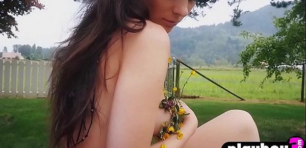  Hot brunette MILF model showed natural tits outdoor